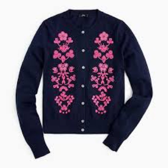 J. Crew Sweaters - J Crew Embroidered Cotton Wool Blend Cardigan Sweater Navy Blue Pink Size Small